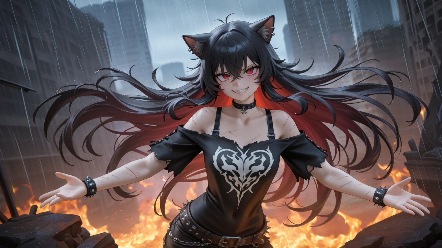 Walk in an apocalypse setting, [Best quality, shaded, extreme details, very detailed, ultra detailed, complex, realistic, perfect face], fenrir woman, thick fur, long hair, (red colored fur), almond eyes, smile discreet, serene face, wears a brooch around his neck.