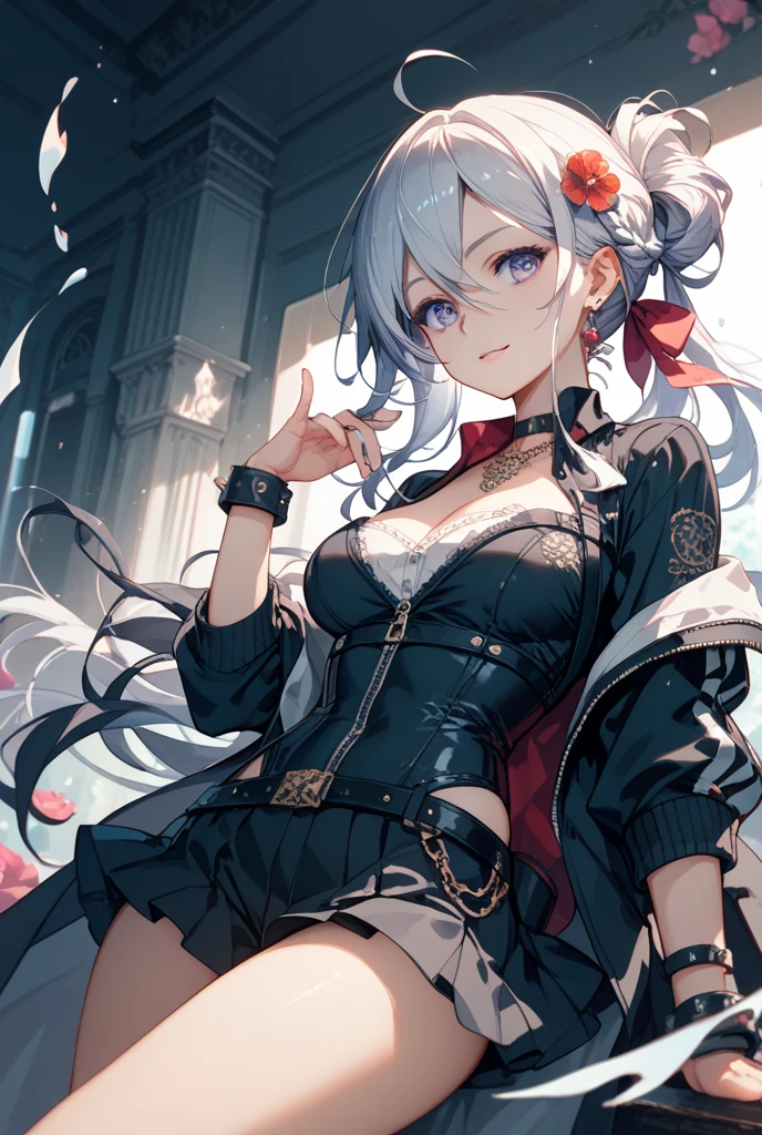 ((beautiful lighting, Best quality, 8K, Masterpiece: 1.3)), 1girl, Perfect body beauty, ((white hair)), ((black dress: 1.4)), (Indoor , night: 1.1), sexy pose (lie on the bed), Super Fine Face, Fine Eyes, naughty look