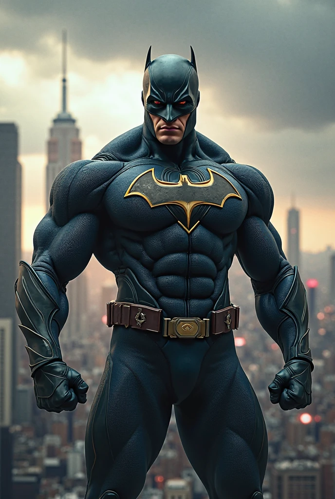 1boy, batman, abs, bara, black hair, blue bodysuit, blue eyes, bodysuit, cape, gauntlet, helmet, mask, closed mouth, crossed arms, large pectorals, male focus, muscular, muscular male, pectoral lift, pectorals, black cape, short hair, outdoors, skyscrapers, solo, armor suit, superhero, upper body , ((masterpiece))