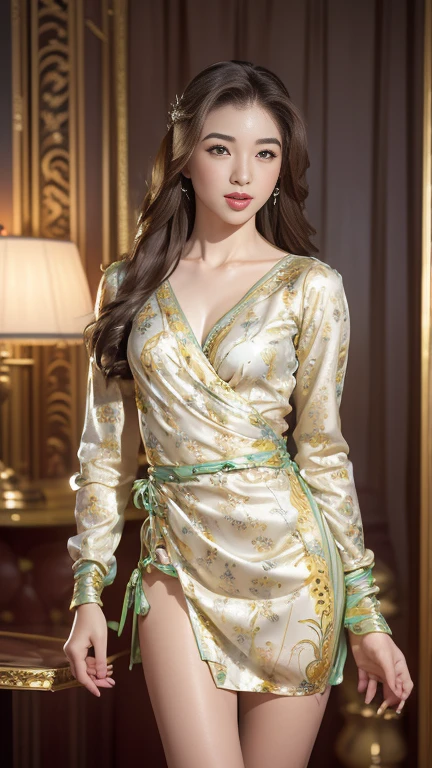 Half body photo, 1 beautiful Asian girl; 
pink shirt, intricately embroidered shirt, unbutton the shirt, shirt buttons made of emeralds;
((no panties, sexy hairy pussy));
long hair,wind blowing through hair;
wearing jewelry, natural makeup, wearing modern jewelry, makeup gold and gem jewelry;
extremely detailed eyes and face, lovely smile, delicate blush, sensuous lips, fragrant lipstick, intricate facial details, exuding femininity, feminine presence;
perfect skin, flawless skin texture perfect, shiny metallic skin, Pores clearly visible; 
blurred bed-room backdrop, soft lighting, vivid colors, soft sunlight, subtle sunlight, dreamy, luxurious atmosphere, perfect lighting;
Super high quality, surreal, 8K, 32K, super high resolution, masterpiece, detailed, extremely magical, professional cinematic lighting, black and golden beam, vibrant colors; 
Fine brushstrokes,ethereal vibe,mesmerizing gaze,dreamy atmosphere,blending elegance,golden hour lighting,subtle color gradients,detailed floral patterns,understated beauty;
The photo focuses on her pussy with highest contrast.