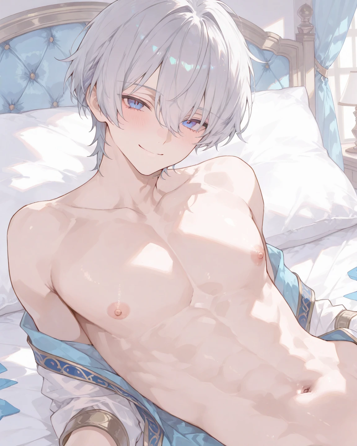 anime character laying in bed with white sheets and flowers, at pixiv, top rated on pixiv, pixiv, kaworu nagisa, popular on pixiv, hajime yatate, zerochan art, delicate androgynous prince, !!full body portrait!!, zerochan, trending on pixiv, posing in bed, tall anime guy with blue eyes