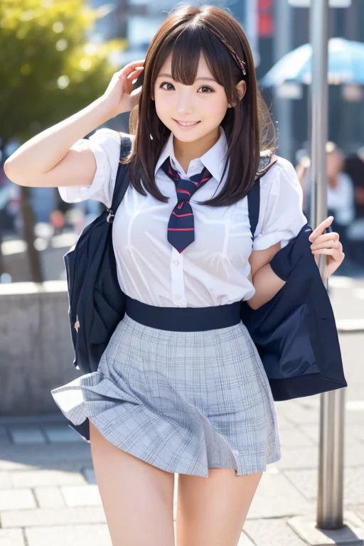 Hair in a ponytail1.5、High school girl uniform white blouse、(8k、Raw、professional、highest quality、masterpiece:1.2)、(Real、Photorealistic:1.37)、Ultra-detailed、(Portrait of an 14-year-old woman)、(Highest Detail Skin:1.2)、(Highest detail face:1.2)、1woman、14-year-old、Black Hair、Long Hair、High 、Japanese High Raw Sailor Suit Uniform、blazer、The wind flipped her pleated miniskirt, revealing her white lace panties.)、Blue sky、The cityscape at dusk can be seen in the distance、golden hour、I am worried about being seen by others in crowded streets or in school classrooms.)、(Highschool uniform1.5、Green blazer 1、Dress shirt 、School emblem 、emblem 、Green tie、Brown pleated skirt 1.5、Brown checkered skirt 1.5、Green below-the-knee skirt 1.5、Brown knee-high socks 1.5)、The skirt is rolled up to the stomach、Lifting up your skirt、(White panties look good on her 1.5、Highly detailed expensive panties1.5、The crotch area fits snugly against the female genitals1.5)、(Cute smile、Embarrassing、What should I do、Trouble、I love photographers)