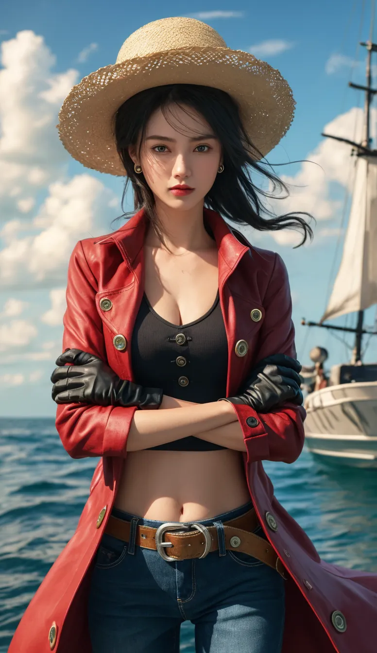 Dramatic lighting, Highest quality, film movie still, (Charming Anne Bonny, Dressed in dirty tattered pirate costumes, Stand on the deck of a pirate ship docked in a Caribbean port), grimy, Dark atmosphere, Toned body, (ripped clothing:0.8), Perfect face, view the viewer, (Detailed skin), [Tattoos], [freckle], ((Dirty)), (muddy), (dark cloude:0.7), (Stormy weather:0.5), Dull, Natural lighting, (direct light:0.4), 8mm film grain, photographed on a Sony a9 II, 24mm lens, f/2.8 aperture, Deep focus, (primitive), 8K, (Stills from《The Lost Pirate Kingdom》)