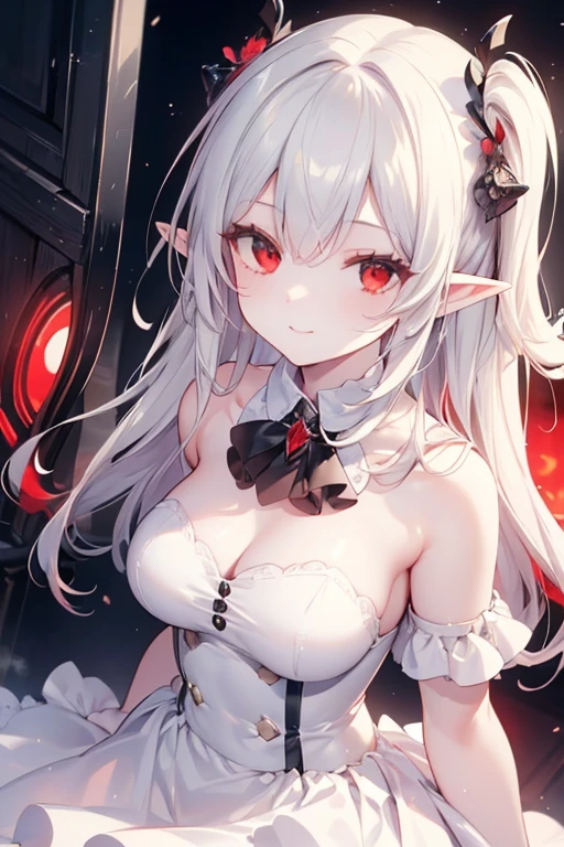 1girl, anime, cute girl, elf, blank background, white background, fantasy, detailed dark fantasy dress with highlights, beautiful face, beautiful eyes, dark colors, medium breasts, slight cleavage, beautiful skin, cute, silver hair, red eyes, breast curtains, extremely delicate and beautiful, (beautiful detailed face:1.0), (detailed deep eyes), symmetrical breasts, deep eyes, shiny skin, portrait, slender waist, hips wider than shoulders, thighs, young girl