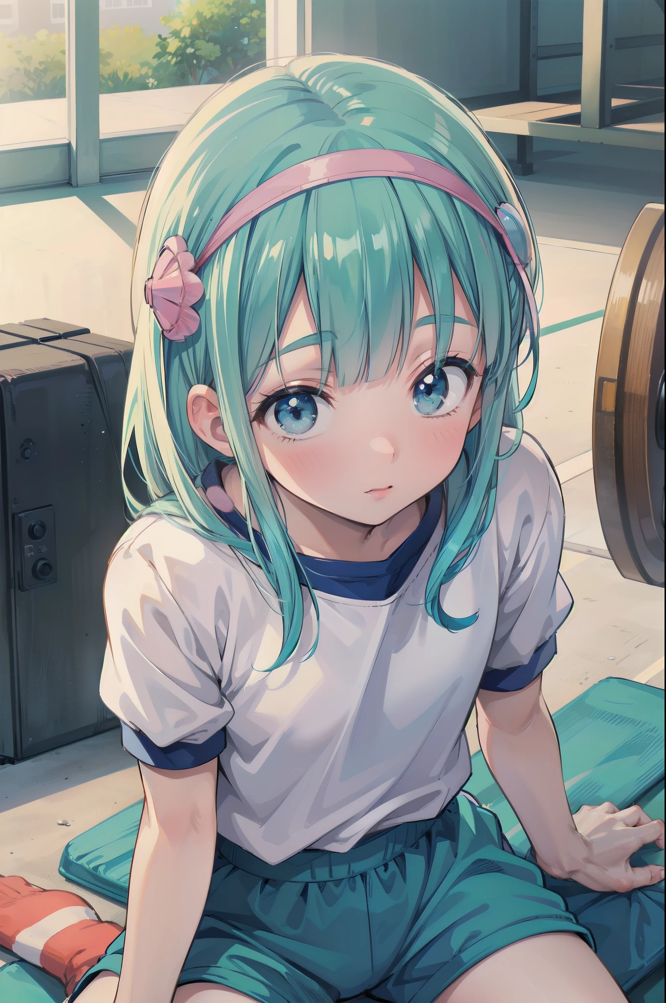 Gently stare, by krenz Cassiato , is sitting, Asuka, Asuka, anime styleイラスト, Official Art, high quality anime-style art as a model, high resolution, anime style, (White gym clothes and bulma :1.4), (face close-up:1.2), (NSFW:0.9), ( blond and blue eyed), head accessory, (flat chest:0.9),