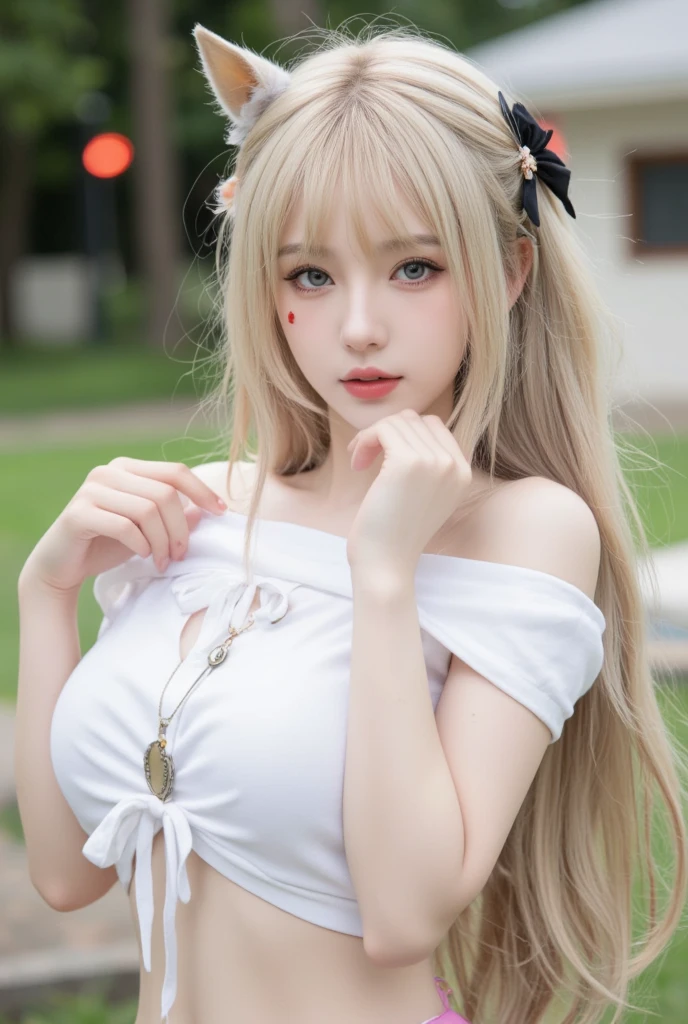 1girl in, 22year old, F Cup Beautiful Breasts, masuter piece, Best Quality, Photorealsitic:1.37, 8k Photos, Detailed fair skin, Detailed Cloth Texture, beautifull detailed face, Golden Eyes, Glowing iris, Intricate details, ultra-detailliert, Alice in Wonderland, Alice in Wonderland Dresses, (Bow on her head:1.1), full bodyesbian