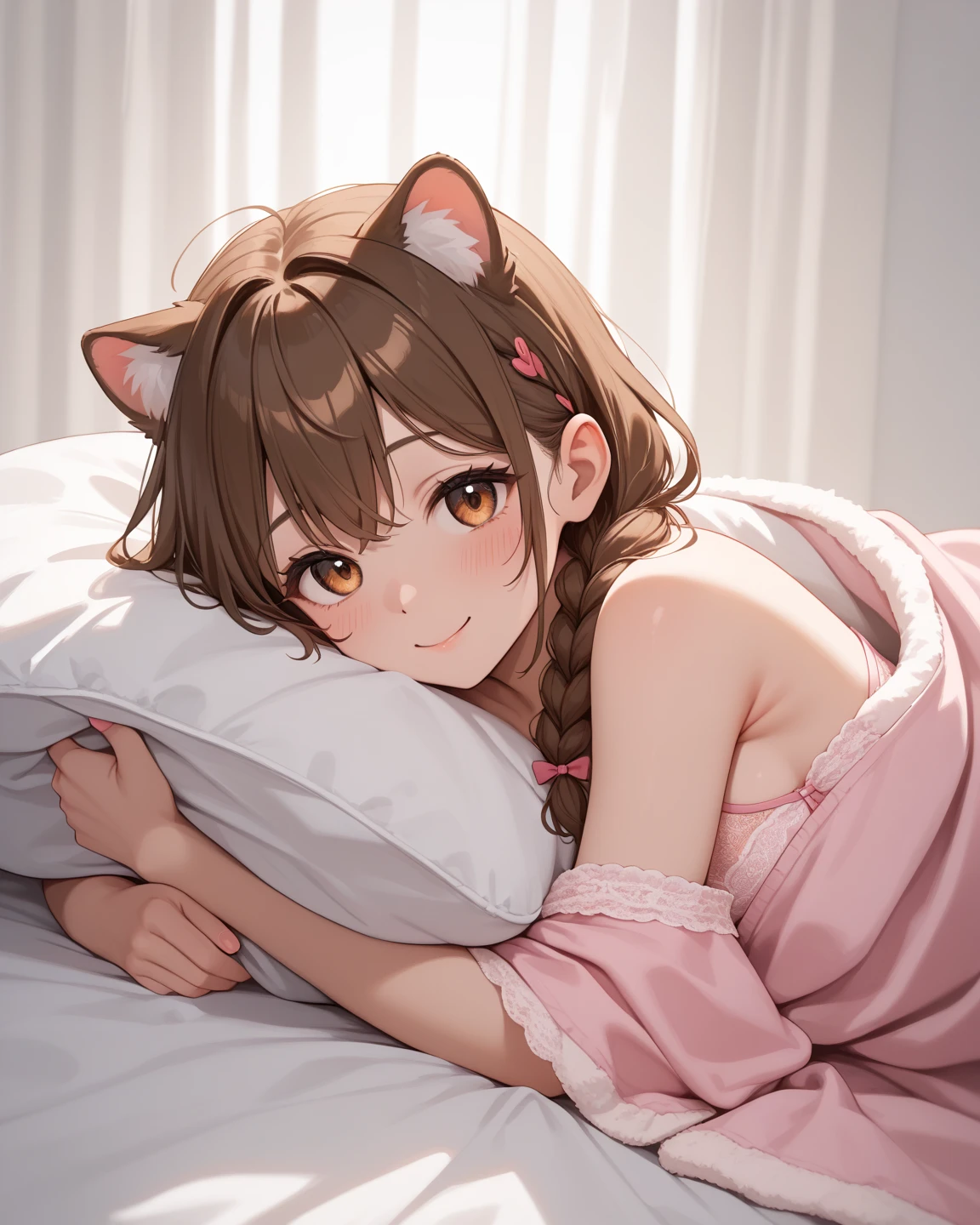 Masterpiece, best quality, ((((Solo)))), (Brown haired girl with long messy hair), (beautiful gold eyes), (slightly sad expression), bored, (((curvy hips))) (C Cups), (mature face), ((chubby)), (long pink pajama pants), (white tank top), ((neko cat ears)), ((laying in a bed)), (dark dimmed bedroom), (lamp on nightstand), ((cute decor)), ((laying down)), (((dark bedroom))), ((low dim lights)), ((sunset lights)), bored, (resting hand against chin), ((socks)), (full body shot), (slightly above shot), (viewer is afar), ((full lips)), ((adult)), looking away from viewer, ((night time scenary)),