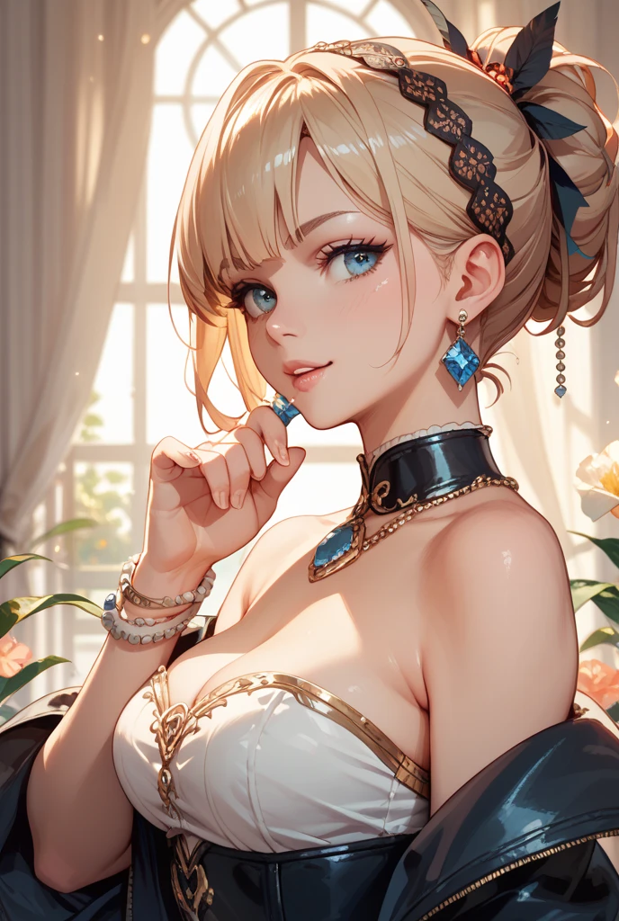 1girl, masterpiece, best quality, medium full shot, blonde ponytail, (off shoulder jacket, cleavage, lips, busty, sexy body, erotic pose, pov)