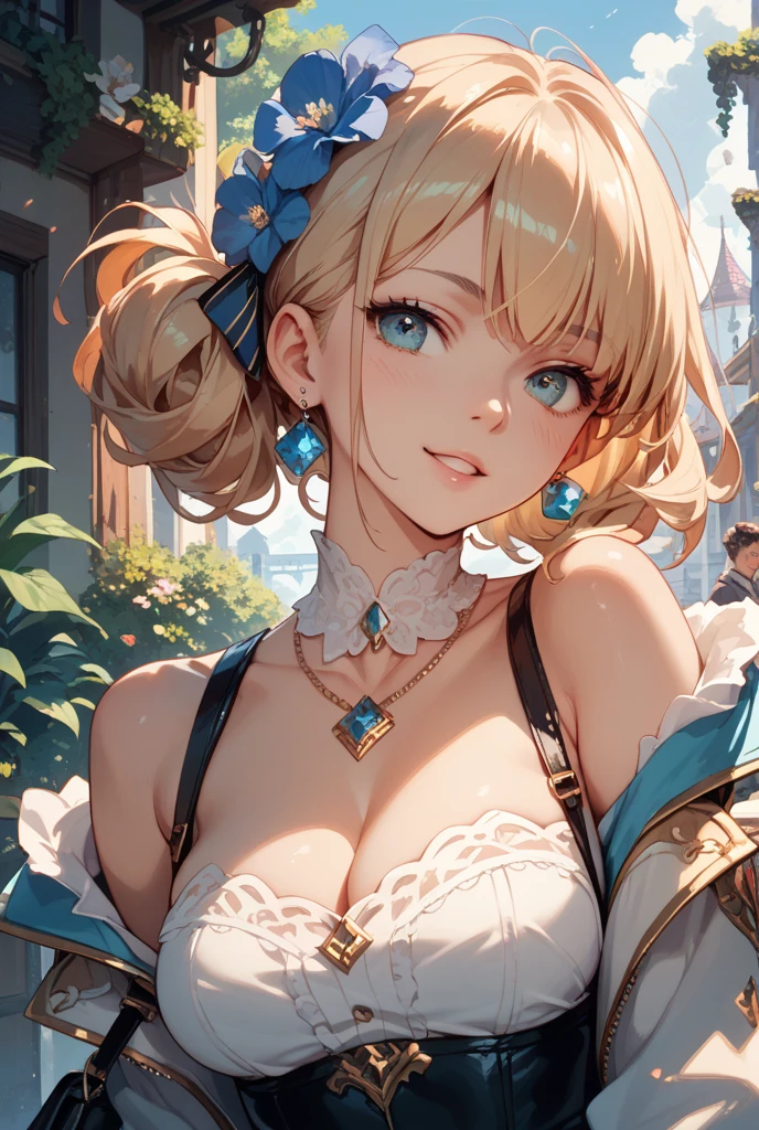 ((Barbara_Genshin Impact)):1.5,((masterpiece,Highest quality,Highly detailed images,Beautiful images))(Barbara images, Hanging Garden、Bright natural light throughout、Backlight、A fantastic atmosphere、Dust flutters、background:GB)1.3,(Barbaraの全身像、from the front)、(Mid-chest、Great cleavage), (smile)