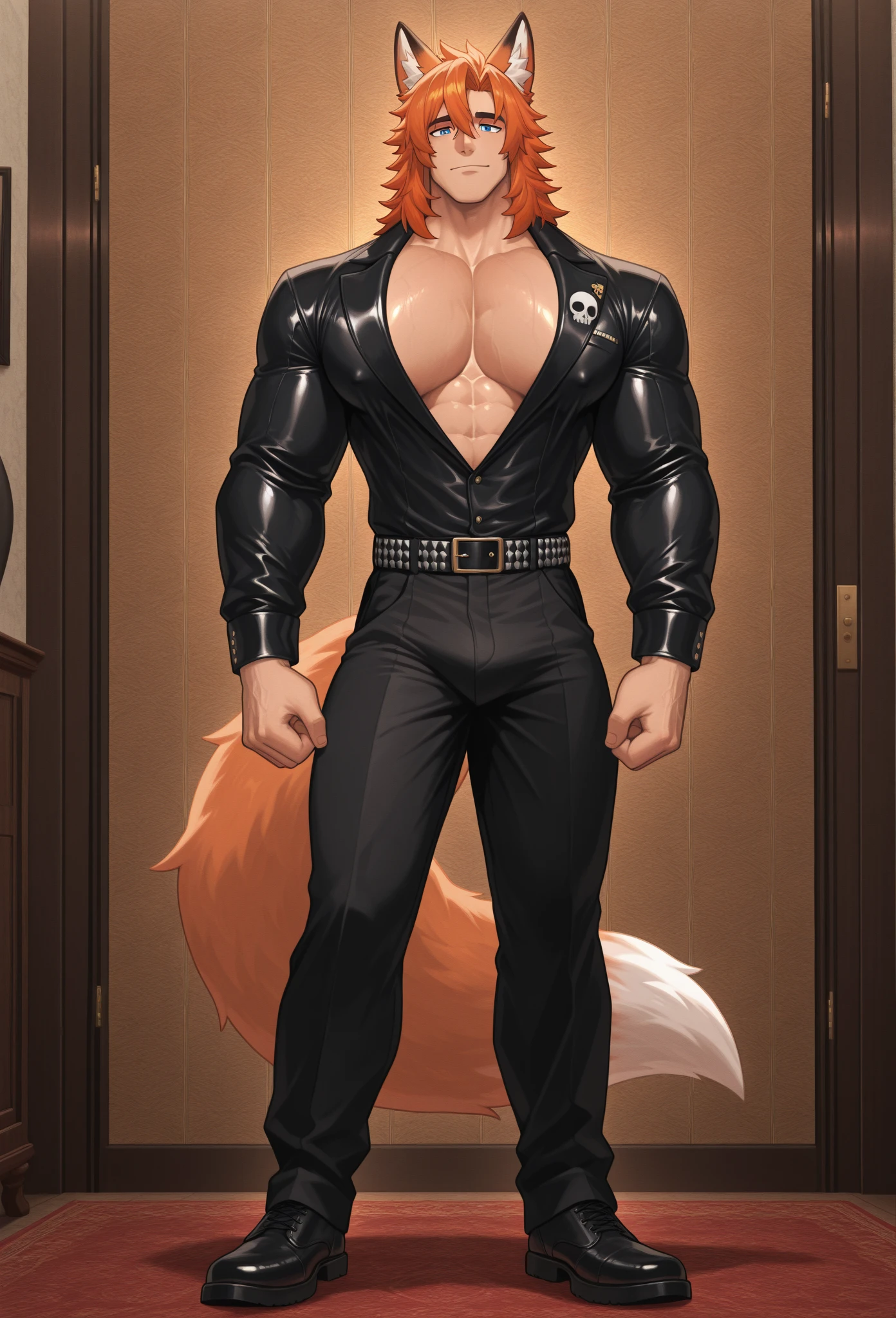 Young muscular macho，Headwear with eye patch，Only black stockings were worn，Very happy look