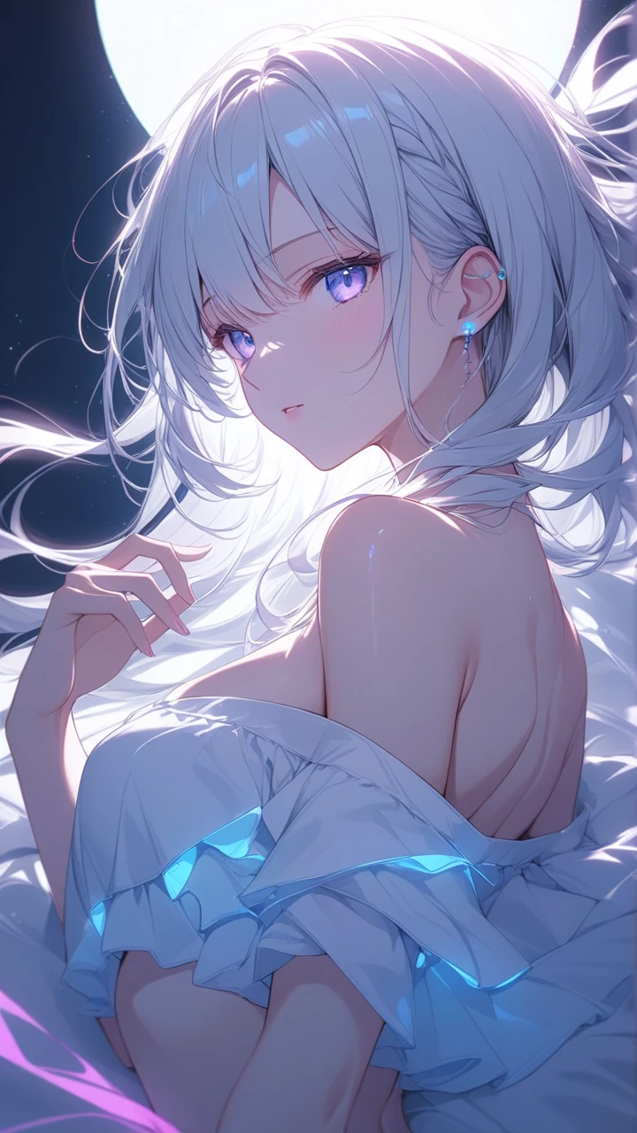(((See details: 1.4))) Kindergarten children, (Sit down (bed), (((Half naked))), Cinematic Light, Curvaceous and slim body, Her skin is pure white, soft, Smooth and, ((NSFW)), Very delicate and beautiful CG illustrations, Highest quality, High resolution, Dynamic Angle, full-length lens, (1 girl), floating, soft light, High key lighting), Dazzling Light, Purple halo, fluttering background, (((Wearing only a white (Pure) Tank top))), ((Very cinematic: 1.5))
