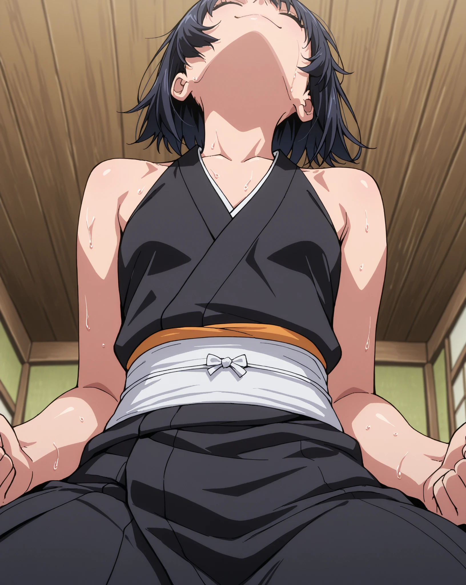 ((((masterpiece, best quality, high resolution)))), Extremely detailed 8K, 1 female, wearing a white Karate gi, (ahegao),white eyes, Small breasts,full body, kneeling, tired, (muscle:1.4), japanese clothes,  No underwear,No eyeballs, Facing the audience, looking at the audience, tired, from below, (Exposed armpit:1.1), ((armpit:1.2)), sexy, Sweating, More and more sweat,(ahegao), (Roll your eyes),  open mouth, Sticking out tongue, saliva, Slobber,Skinny, raise arms, (arms above head:1.5)(Ultra HD, Ultra-detailed, Highly detailed, Highly realistic, Ultra-realistic, photograph realistic), (1girl:1.5), (Realistic black hair), (dynamic poses), facing at camera, looking at viewer, (slightly serious face), (perky breasts:1.2), (beautiful detailed face, beautiful detailed eyes), ((worn out karate gi)), (preparing for a fight), sweat, glow, (sunbeam, sunlight), ((cowboy shot)), inside a training gym, seductive, EnvyBetterHands LoCon,