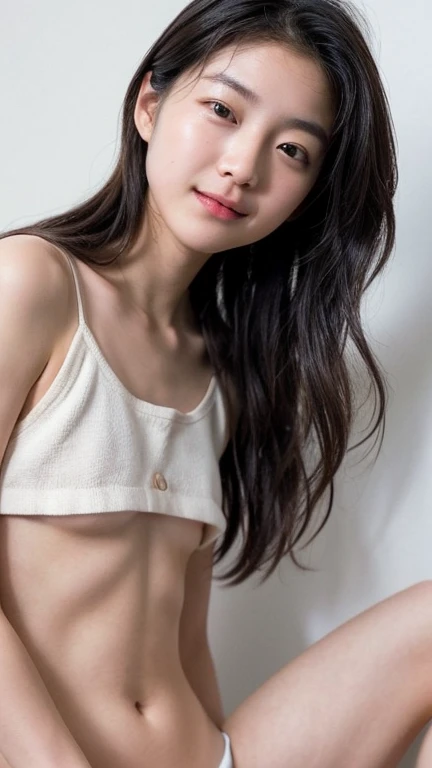 (((snap shot)))、Top Knot,Ocean ,Innocent、smile、Looking at the audience、、Realistic、1 Girl、Small face、She flips up her revealing camisole dress to reveal her panties.、(Small breasts)