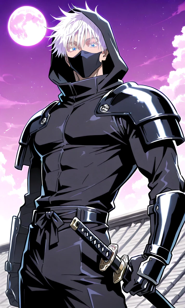 1man, gojou satoru /(jujustu kaisen/), detailed eyes, blue eyes, white hair, short hair, detailed eyelashes, colored eyelashes, sexy man, trained body, muscular, handsome, cool, mature man
scar on right eye, moon, purple sky, standing on a rooftop, temple rooftop, temple complex in the background , (((masterpiece))), (((best quality))), (((ultra detailed))), samurai, holding katana, dynamic pose, flat color, dark them, ninja outfit, ninja mask, solo, black vest, shoulder armor, gauntlets, black hood, armored gloves, elbow gloves, bodysuit, mask, ninja, mouth mask, hood up, belt, gloves, upper_body