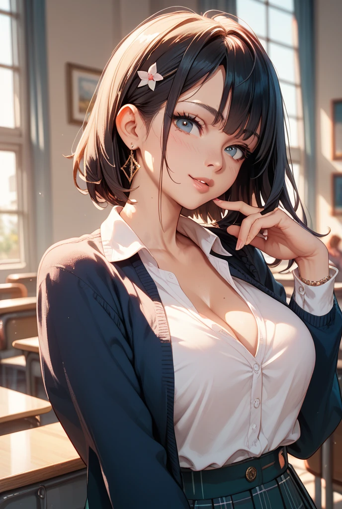 (Highly detailed CG Unity 8k wallpaper)、(masterpiece)、(Highest quality)、(Super detailed)、(Best illustrations)、(Best Shadow)、Ultra-high resolution、(Real、Photorealistic:1.2)、(Beautiful student teacher:1.4)、Messy medium cut hair、(Large Breasts:1.2)、(Cleavage:1.2)、(School classroom:1.4)、(Neat dress:1.2)、(Cute Necklace:1.2)、Puffy eyes、(sit at a desk with the blackboard behind:1.2)、(Close-up)、Cloudy soft light、Half Body