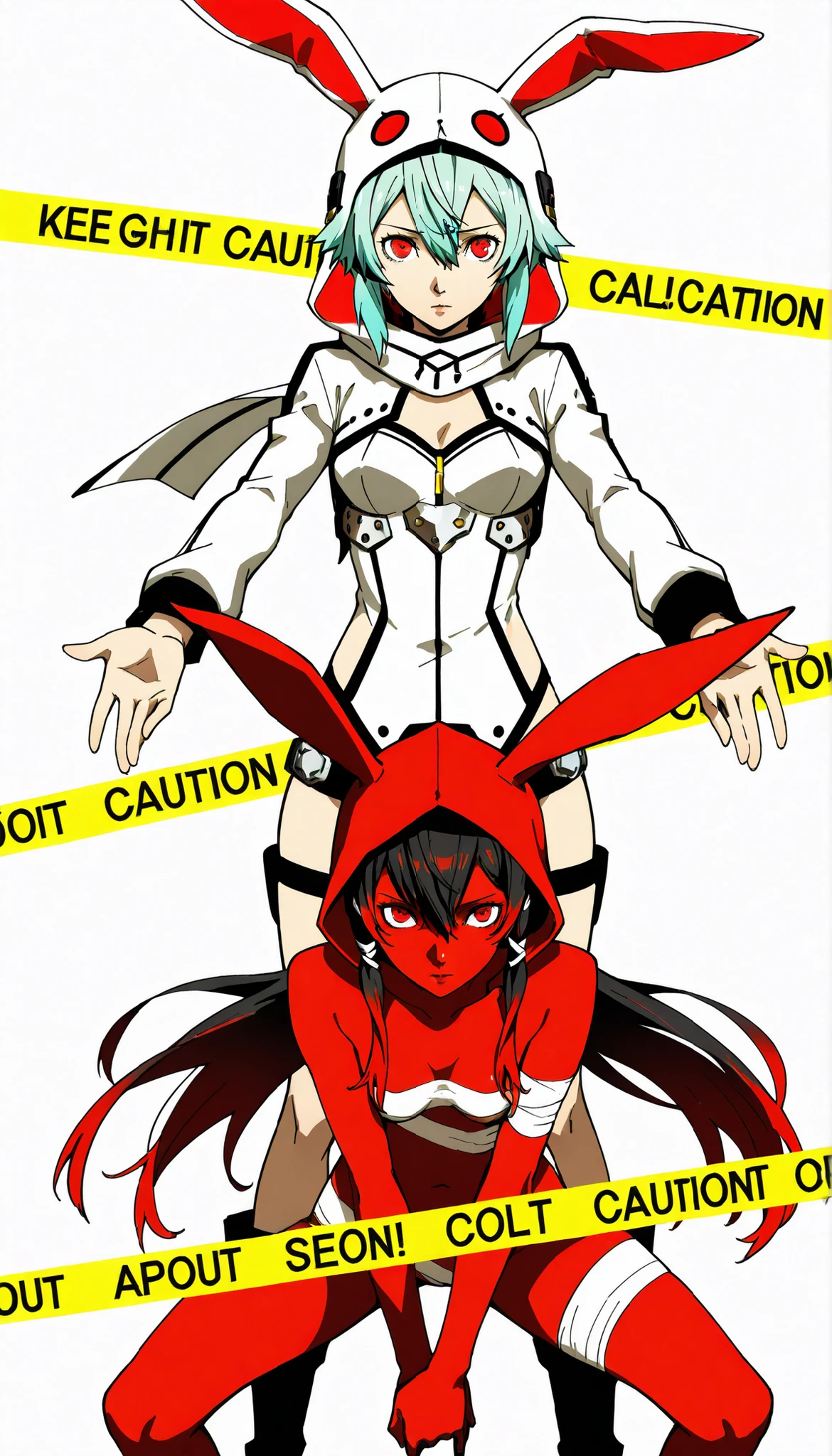pt，logoart，art，Red skin，artスタイル，sfwart，職場でも安全art，art作品，full nude，左右対称のart，Red Zippered Hoodie，Rabbit Eared Hood，sfw，small breasts,white background，Reddish-black hair，has red hair tips，Detailed Girls，red eyes，Assassin's Girl，short hair，sharp eyed，Cool Girl， Asada Shino，sinon，neutral pose，Girl facing forward，upright，lowers her hands to the side of her body，Attitude of caution，Shot above the shin ，Normal pose sample，Symmetrical pose ，lower arms，expressionless，side hair is very long，side extra long hair， side long，メカニカルデザインpersona召喚，full nudeボディスーツ，red tape，n　nsfw，sfwart，Summoner below，上がpersona，persona_Red Food Rabbit，ウサギ型の仮面を付けたpersona，logoart，