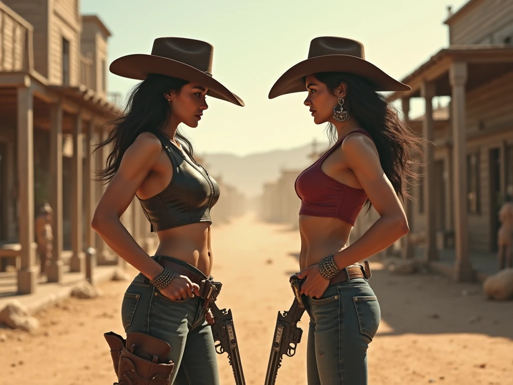 Isabel Merced and friend, bob_cut hair, dressed as a cowboy in leather pants, (skin texture:1.1), (high detail face:1.1), full bodyshot, high detail body, high detail clothes, (big breasts:1.3),(masterpiece), (realistic), ultra high definition, 4k, ultra high resolution, film grain, cinematic lighting, rim lighting, photo by Arny Freytag, RAW image