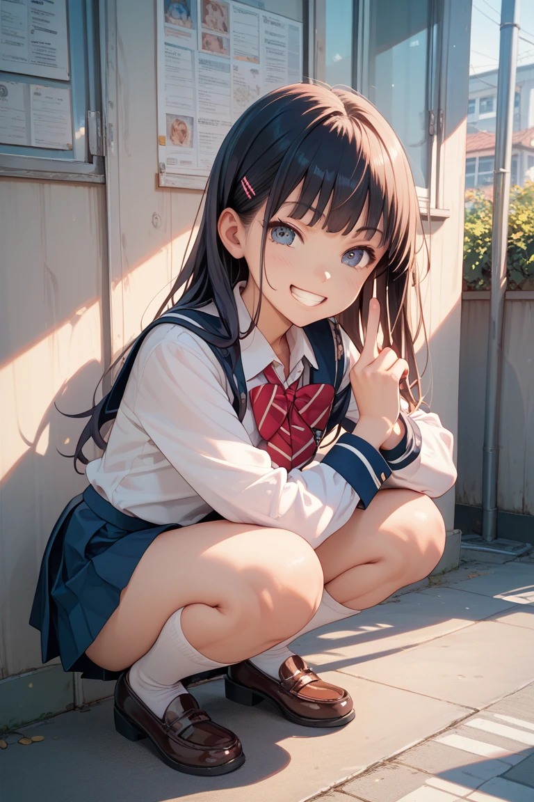 (realistic, photo realistic:1.2), ((highest quality)), move the center of gravity backwards, pretty embarrassing, white panties, (show panties:1.4),Tight Skirt, (Panty shot:1.3), (pull up the skirt:1.3), (squat:1.4), put the heel on the ground, spread your legs a little, squat with your knees up, Attach your ass to the ground, black penny loafers, beautiful face details, real human skin, gentle expression, Front view, angle from below, realistic, photorealistic, cute, short skirt, squat deep on school grounds, cute school girl, Japanese high school girl uniform, sailor suit, whole body,Smile, natural smile, charming smile, enchanting smile, (looking at the viewer:1.2), From before, from below,