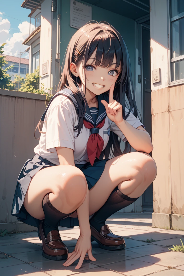 (Best quality, 8k, 32k, Masterpiece, UHD,:1.2),RAW, 1girl,ultra cute , natural lighting,transparent shining eyes, 20yo ,fair complexion, ((school uniform)), sitting on stairs, Closeup shot, wedgie, bending knees, show off panties, From front and Below, shy smiling, medium straight hair, in winter, falling snow