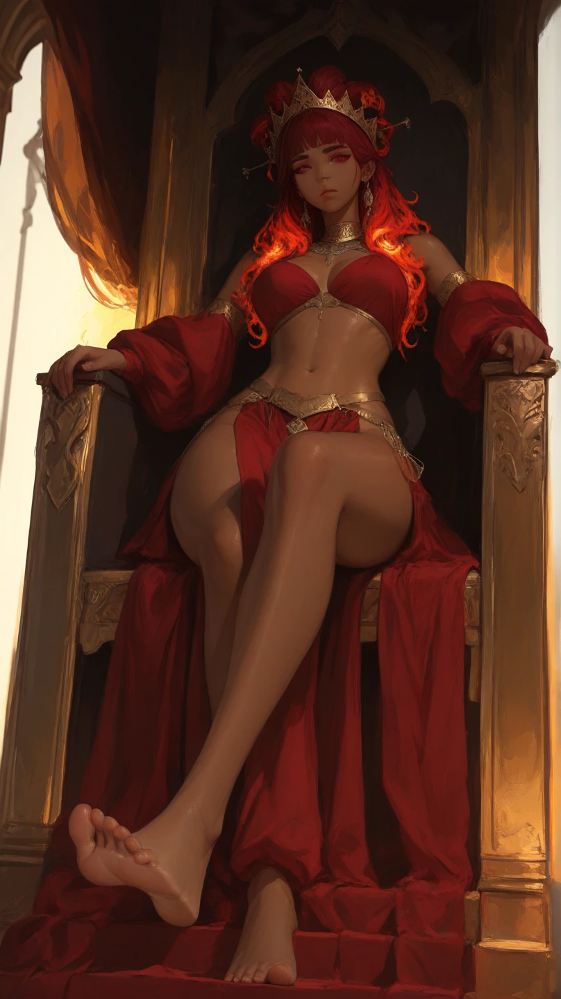 sexy brown haired Caucasian woman in red, black, and gold thong bodysuit posing with a golden staff, ruby maiden, large dragon horns on forehead, dragon empress, beautiful draconic empress, closeup fantasy with fire magic, a beautiful sorceress, fantasy woman, as seen on artgerm, extremely detailed artgerm, empress, beautiful empress female, mighty plump female empress, brown haired goddess, full body pose, voluptuous, throne room