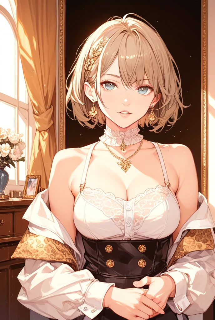 (Fantasy Art,Highest image quality,Hyperrealist portrait,(8K),Ultra-realistic,Best Quality, High quality, High Definition, High quality texture,high detailing,Beautiful detailed,fine detailed,extremely details CG,Detailed texture,realistic representation of face,masutepiece,presence,Dynamic,Bold),1girl in,Ultra detailed skin,Curve,Petite,Beautiful breasts,Large breasts,pale skin,pointed breast,Erect nipples,Bob Hair,(Thin hair),(Soft hair),Swept long bangs,Extra bright coppery amber hair,Hair over one eye,School uniform,(Pornographic Images)