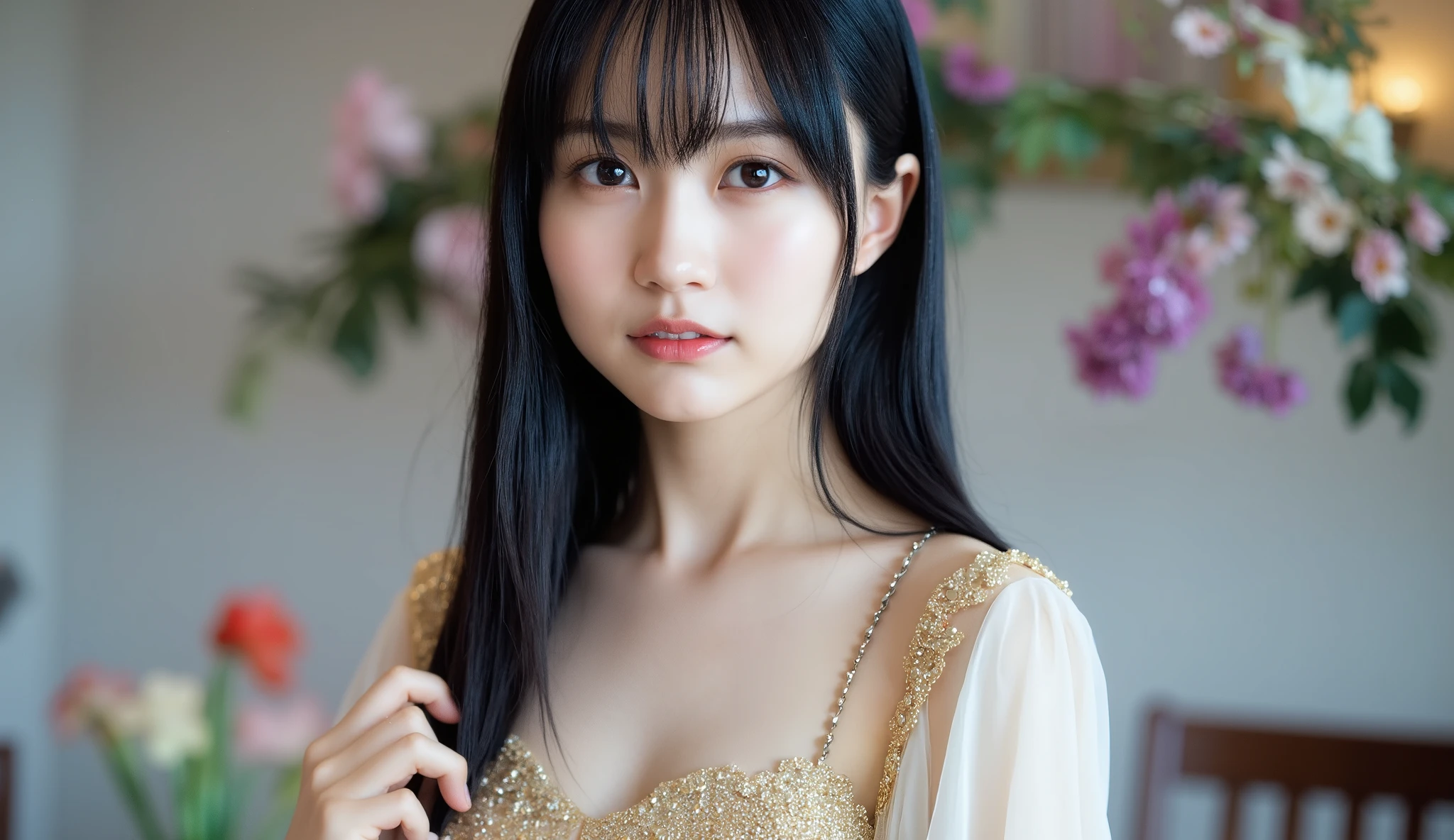 ((1 girl)), female, masterpiece, Highest Quality, Highest Quality, Cinematic Lighting, (volume lighting), Extremely Detailed CG unity 8k Wallpaper, Concentrated, 8k Wallpaper, Extremely Detailed, super real, photorealistic, sharp concentration in nude clothes, Absard Dress, (high resolution:1.2), (high contrast), pictures, Detailed and Complicated, instagram, Portrait, Extremely Detailed, digital painting, art station, Concept Art, smooth, sharp concentration in nude clothes, Illustrations, Cinematic Lighting, big breasts, (((skinny, Open Thighs))), ( Japanese idol wearing a golden bodycon), (wearing a knit strap tank top), big breasts, see people watching, ((standing)), (( medium body shot, hip level shot where you grab your left chest with your left hand)), long hair