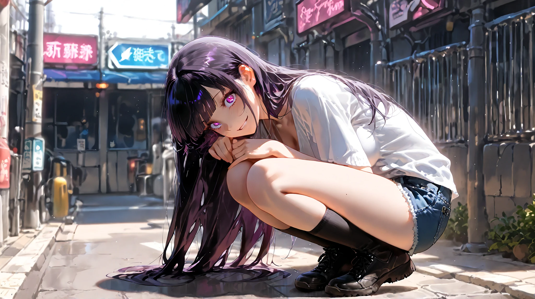 create a full body shoujo anime panel image of a woman, long flat gray hair with purple highlights, intense turquoise eyes, with a black tank top and short jeans with only her arms and knees all bruised and bruised, expression of pain