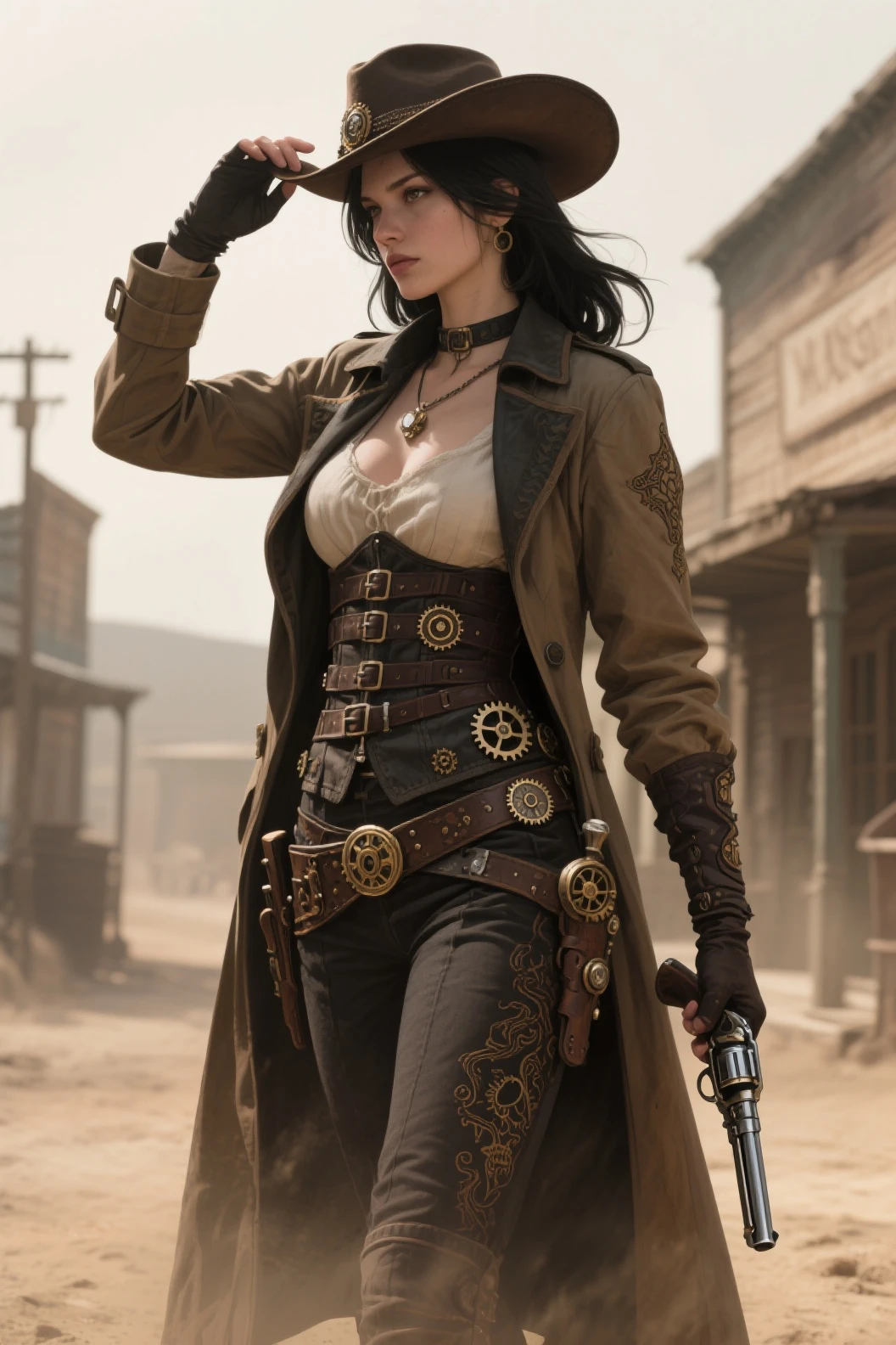 A young woman, with dark black bob hair , with a steampunk bow, in a post apocalyptic steampunk wild west decor.