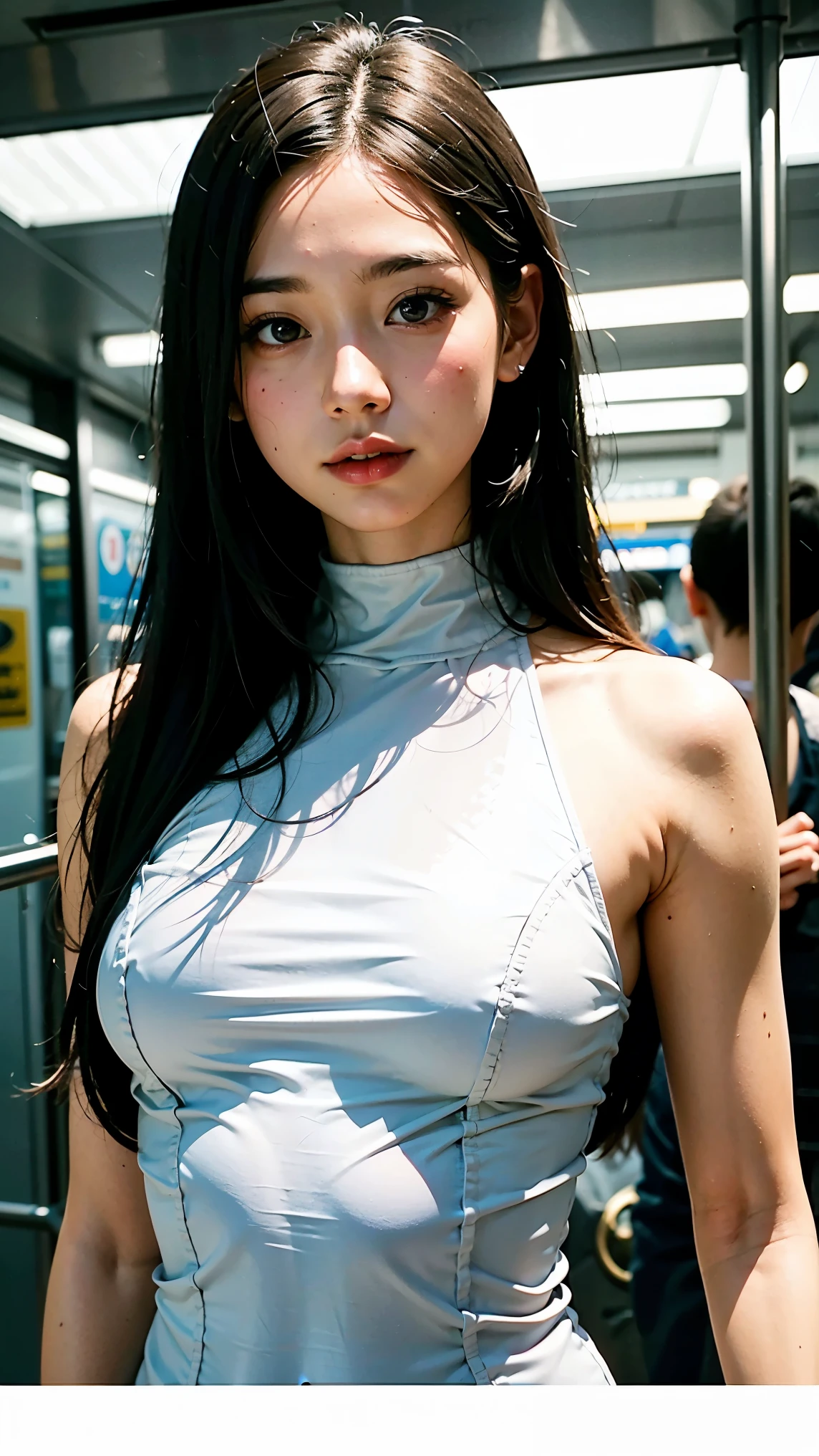 Best quality, masterpiece, ultra high res, (photorealistic), raw photo,1girl, skinny, upper body,solo, realistic, looking at viewer, long hair, bokeh background, (in the underground:1.4), brown eyes, ?????, necklace, (nsfw:1.4), (half body), medium breast