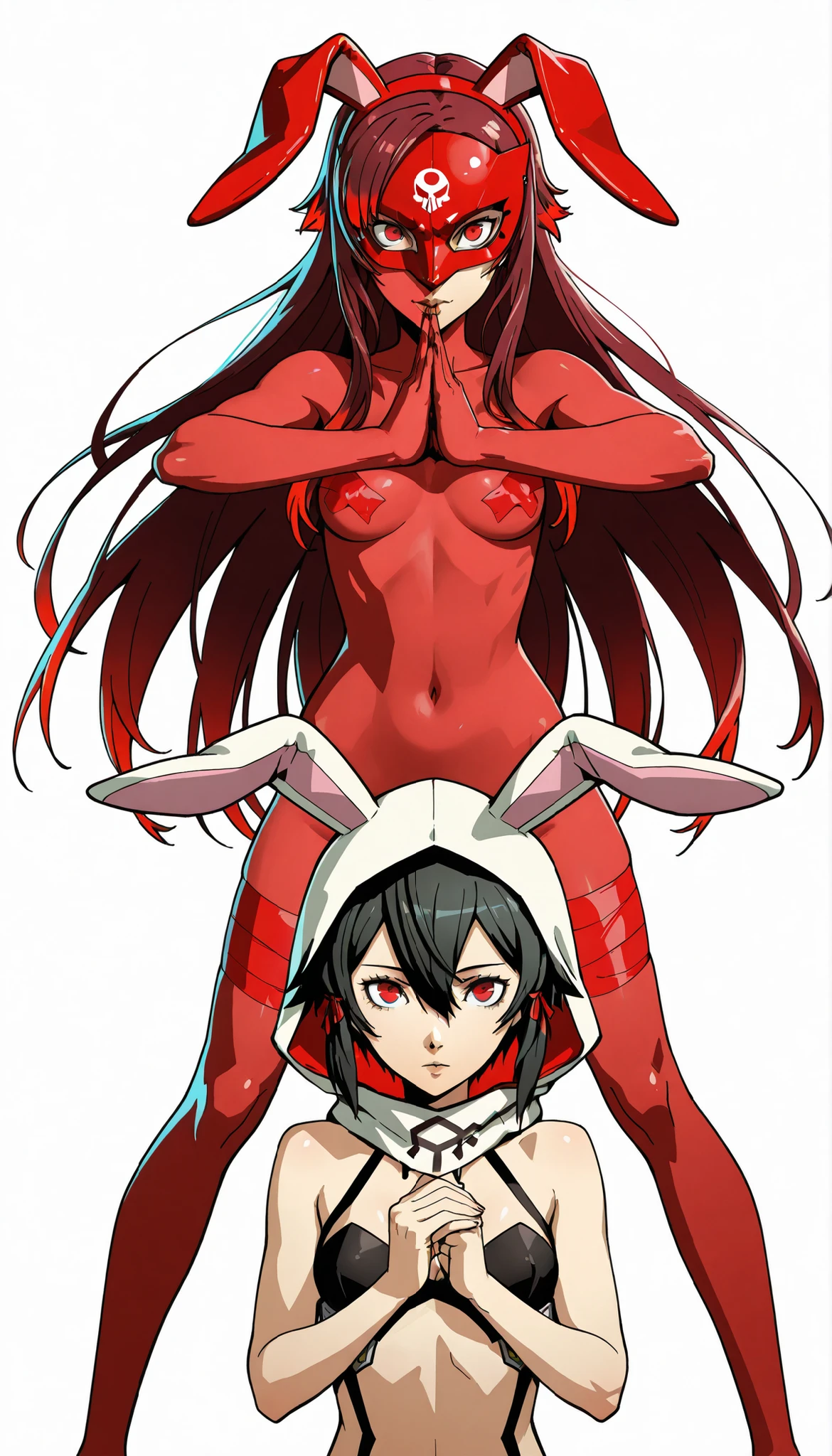 mask face,pt,logoart,art,Red skin,artスタイル,sfwart,職場でも安全art,art作品,full nude,左右対称のart,Red Zippered Hoodie,Rabbit Eared Hood,sfw,small breasts,white background,Reddish-black hair,has red hair tips,Detailed Girls,red eyes,Assassin's Girl,short hair,sharp eyed,Cool Girl, Asada Shino,sinon,neutral pose,Girl facing forward,upright,lowers her hands to the side of her body,Attitude of caution,Shot above the shin ,Normal pose sample,Symmetrical pose ,lower arms,expressionless,side hair is very long,side extra long hair, side long,メカニカルデザインpersona召喚,full nudeボディスーツ,red tape,n nsfw,sfwart,Summoner below,上がpersona,persona_Red Food Rabbit,ウサギ型の仮面を付けたpersona,logoart,