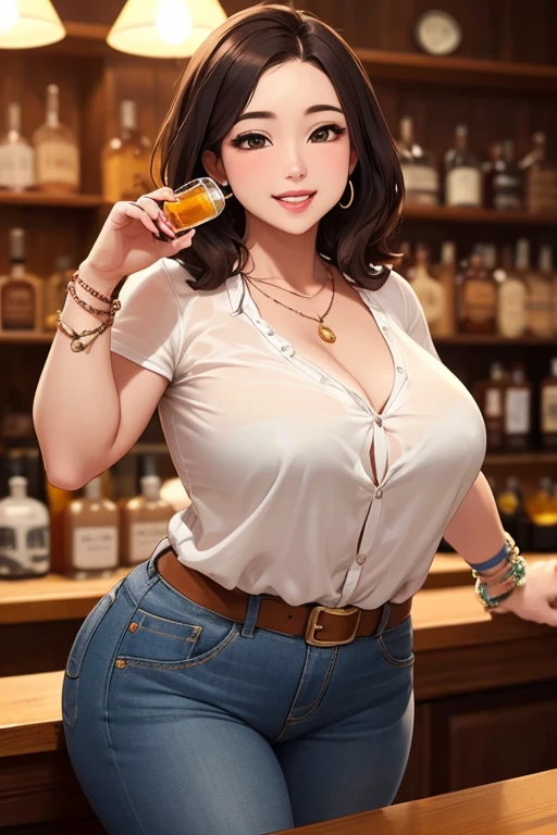 (best quality, 4k, high resolution: 1.2), anime, drawing, portrait, masterpiece, best quality, absurdities, (Official art, masterpiece, 8k, HD, ultra-detailed), ultra-detailed, Adult female, brown hair, (beautiful blue eyes: 1.4), curvy body, thick body, mature body, Firm Medium Breasts, Beautiful Busty, (large breasts: 1.1), beautiful body, wearing casual clothes, shirt and pants, wearing glasses, crazy resolution, CG wallpapers, beautiful face, detailed hands, AI generated, complex, high resolution, highest quality, super high quality, 2D images, 2D images, one person, Portrait of a woman with a voluptuous and chubby body, (chubby body), cute chubby, sitting on the bar chair with a glass of drink in her hand, (holding glass of drink), background scene a bar