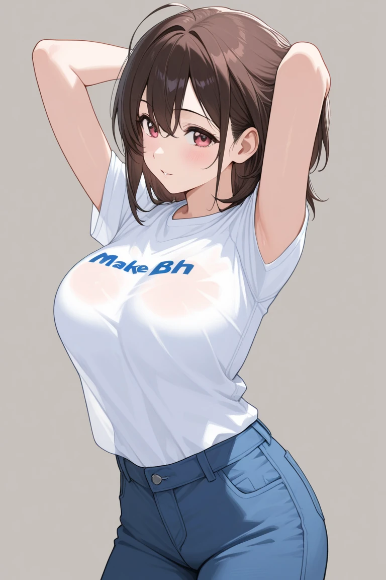 (best quality), (Super detailed), (Best Illustration), (1woman), look at viewer, (track and field), (Big Breasts:1.2), {brown hair, (bob cut:1.2), curly hair, hairs between eyes}, {(detailed eyes), heart-shaped pupils, blue eyes}, navel, blush, sweat, steam, earrings, white hairband, gym