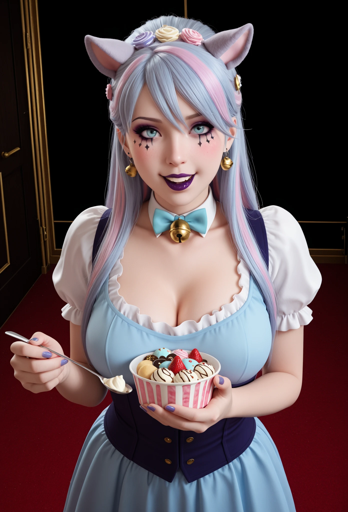 4K, Masterpiece, highres, absurdres,natural volumetric lighting and best shadows, dark hair,smiling,cupcake_bra,
cupcake_bra, a woman with a blue wig,minishorts,wearing a cupcake_bra, hearts, cakes