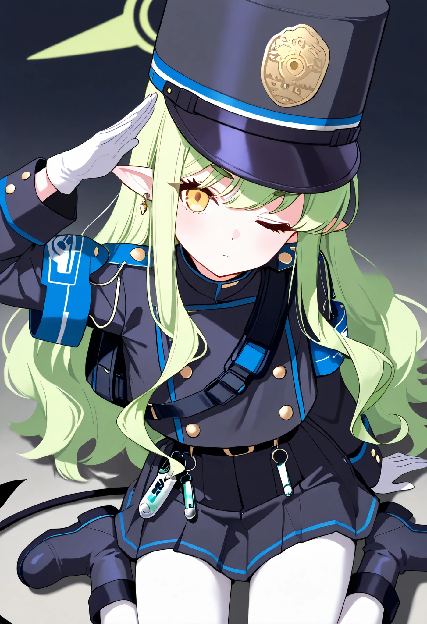 hikari_\(blue archive\),yellow eyes,green hair,long hair,earring,pointy ears,halo,tail,jacket,skirt,arm band,white pantyhose,white gloves,peaked cap,boots,One eye closed,expressionless