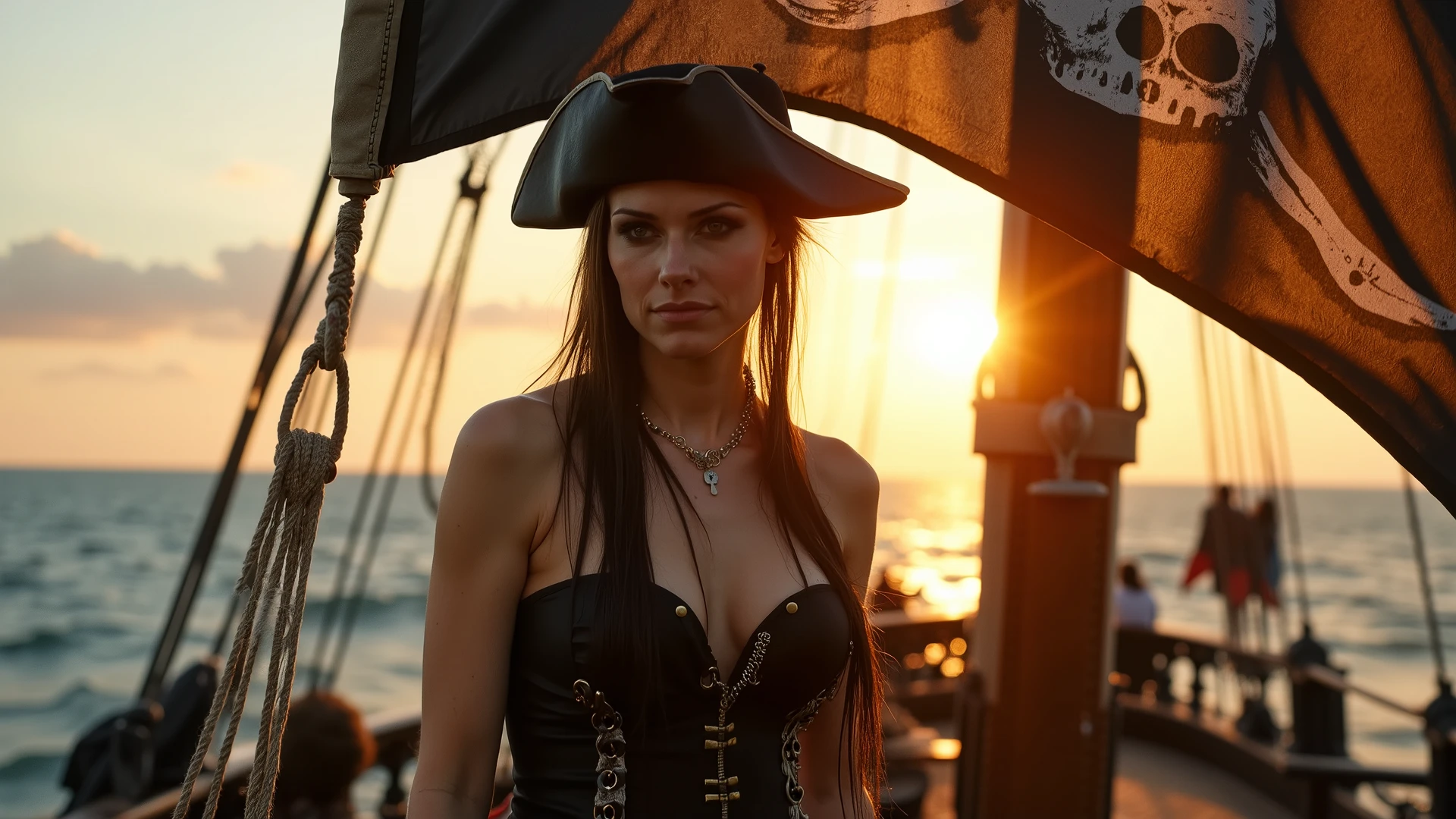at dawn, a huge black pirate flag, decorated with a bright skull, flotte majestueusement dans une brise marine. A female pirate, mine et élancée avec des cheveux noirs, stands proudly on the deck of a ship, son regard déterminé captivant tous les regards. Vêtue d'une tenue de pirate à la fois élégante et audacieuse, son décolleté plongeant met en avant sa silhouette voluptueuse, tandis que des détails dorés scintillent sous les premiers rayons du soleil. The dancing shadows of the sails create a dramatic contrast, accentuant son allure rebelle et charismatique. L'arrière-plan flou du ciel pastel et des vagues scintillantes évoque une ambiance de mystère et d'aventure.
