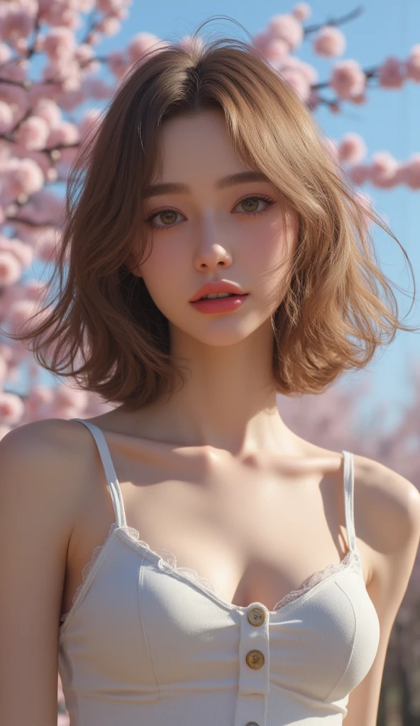 waist up, looking at viewer with a serene and goddess-like happiness, (againts pink leaves) tree, natural skin texture, 4k textures, soft cinematic light, intricate details, elegant, highly detailed, sharp focus, soothing tones, exposure blend, hdr, faded, hyperdetailed, backlighting, 85mm, close-up, best quality, (photorealistic:1.2), volumetric fog, analog style, (cinematic look), blonde, green eyes, bob hair, 1girl, glowing skin, blush, upturned eyes, cleavage