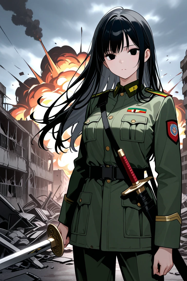 (masterpiece, best quality, detailed), 1girl, solo, Enma Ai, long hair, black hair, hime cut, bangs, blunt bangs, red eyes, looking at viewer,
military uniform, military, soldier, belt, green pants, military hat, brown jacket, metal, world war ii, war, military vehicle, battlefield, battle, dust, smoke, burning, fire, red sky, explosion, hands in pockets, shaded face, closed mouth