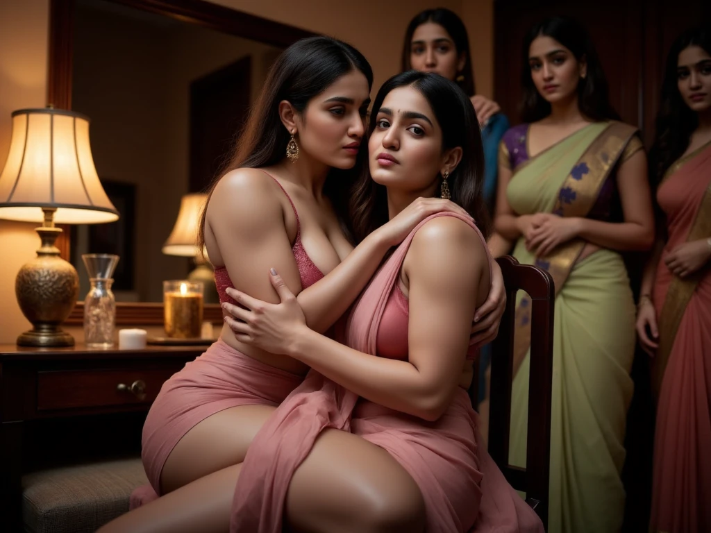 Woman in green red Lehenga, Sitting on the lap of a necked woman, in a light background, making out, agressive, 2 beautiful gorgeous Bollywood supermodels, gorgeous face, beautiful body, big breasts, tight hugs, lesbians