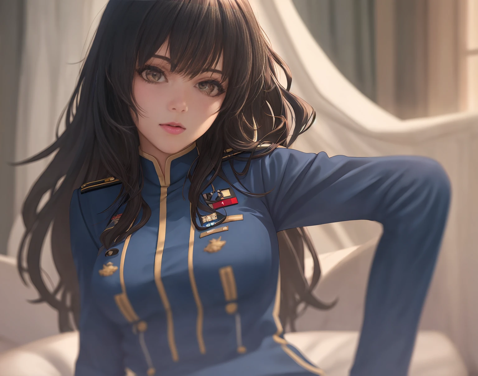 (masterpiece,Highest quality:1.3,best quality illustration),realistic,cowboy shot,1woman,30 year old Japanese beauty,Naval officer、((very small head:1.3)),short bob hair,brown hair,bangs,brown eyes,gorgeous eyes,shy,Heavy breathing、small breasts,((very long body:1.4,tan skin)),((Dark blue blazer jacket、Blue tie、Navy blue tight mini skirt、Black garter belt,black thighhighs))、navy uniform,(toned body,slender body,skinny),gleaming skin,shiny skin,sweat:1.2,standing,Study,indirect lighting、