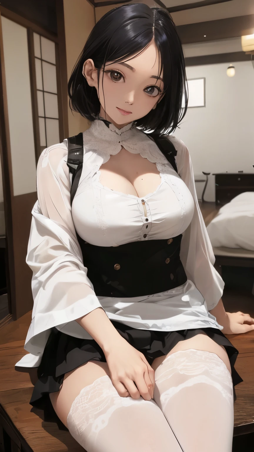 (fellatio),sitting on the bed、glasses、white skin、short hair、Muchimuchi、big breasts、black stockings、cum on thighs、sexy、long tongue、salivating、((bukkake))、sweat,garter belt、black hair、upper grade