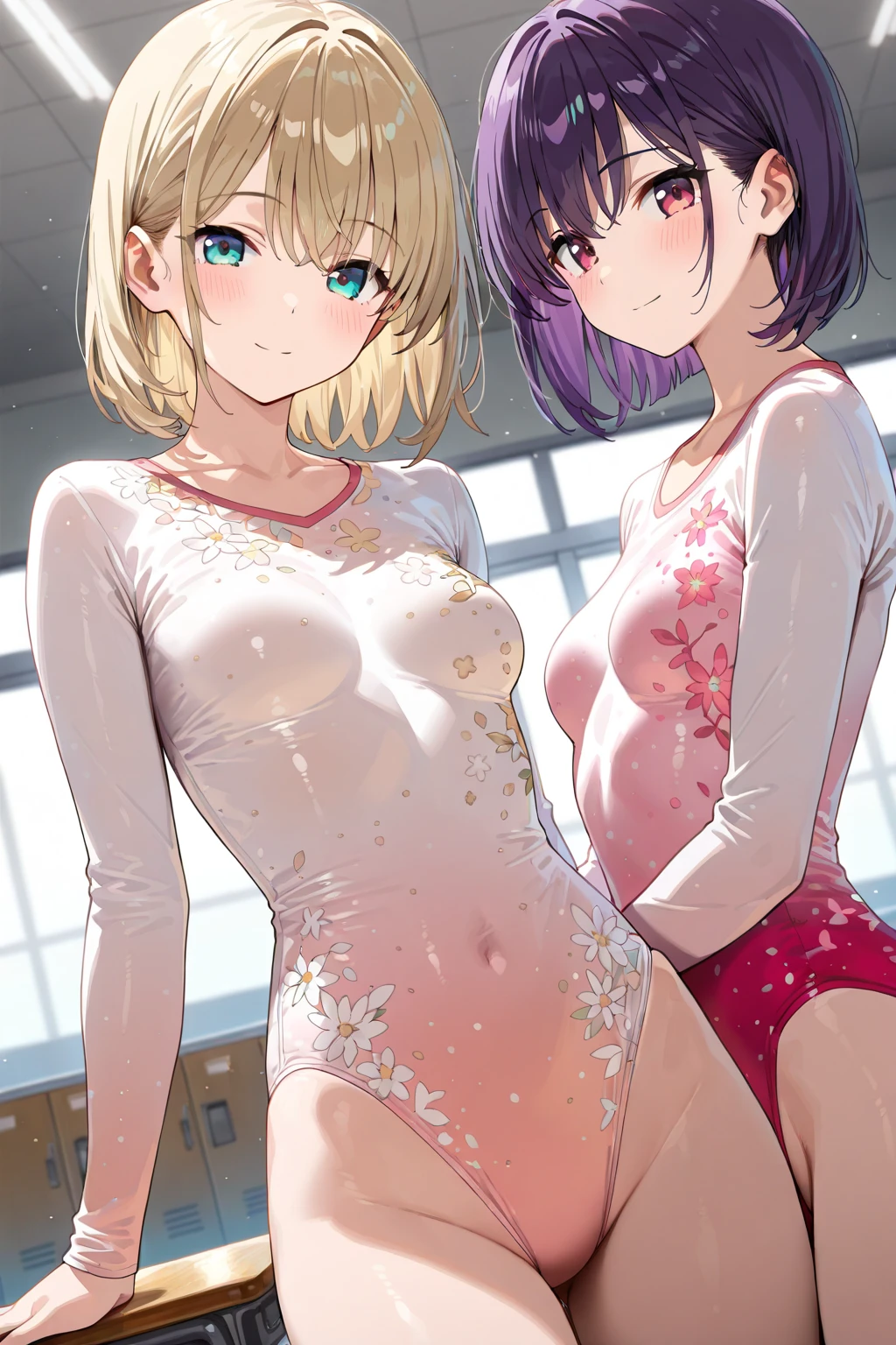 highest quality,masterpiece,((2 girls:1.5)),((smile:1.3)),(blush:1.3),((fun!!)),((Small breasts:1.5)),(night:1.5),Blonde, (Cardigan), ((naked:1.5)),Kamimei,look at me,((classroom)), Taking a break from watching the audience,Cowboy Shot,Light blue eyes,long hair,Glowing Eyes