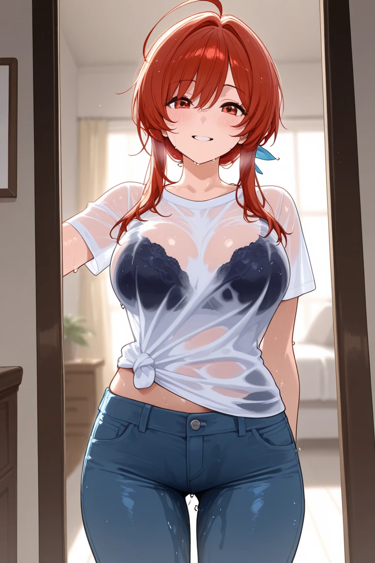 Sexy ginger woman, sheer see through wet t shirt, 