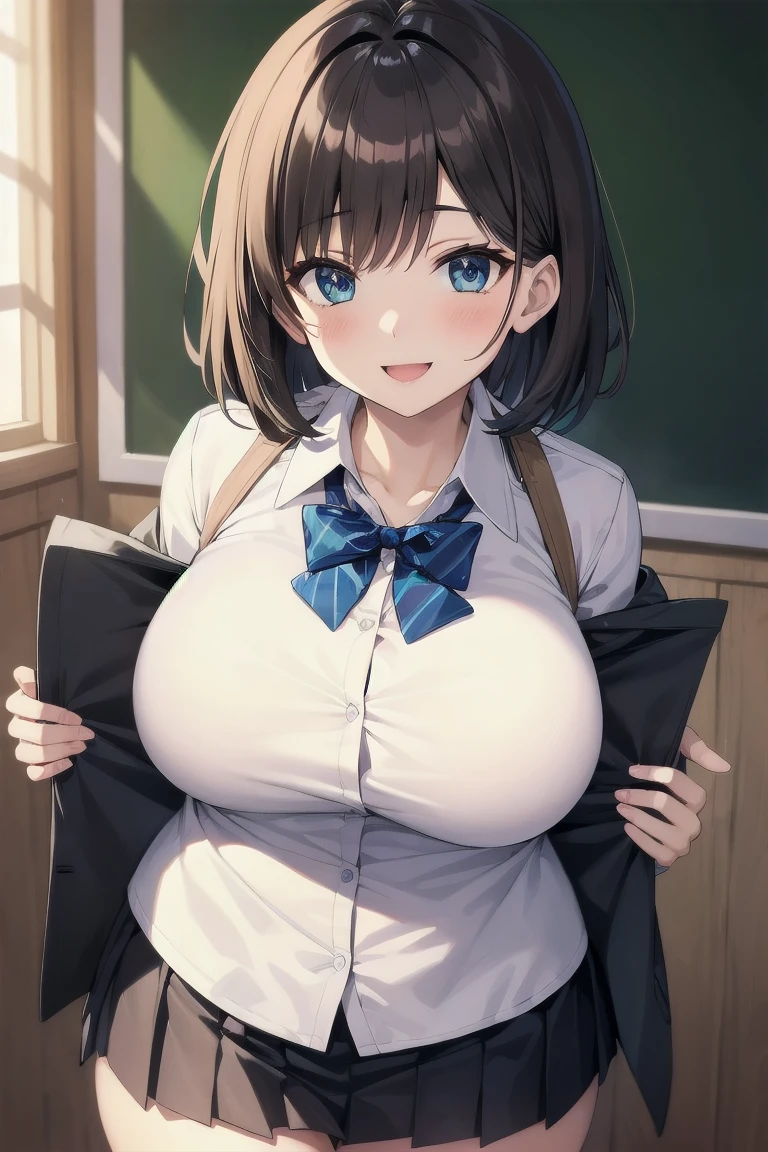 masterpiece, highest quality, High resolution, morning, short hair, black hair, blue eyes, Glasses, school uniform, yellow neckerchief, collared shirt, sweater vest, (Blue Vest:1.2), short sleeve, armband, plaid skirt, gray skirt, indoor, sitting, smile, open your mouth, waving,(big tits:1.4),slender,(thin waist:1.4)