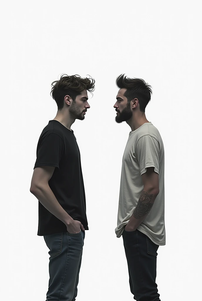 A gay couple between a young man and a mature, turning their backs on each other with a sad and disappointing look on both, with a white background and shades of gray and black