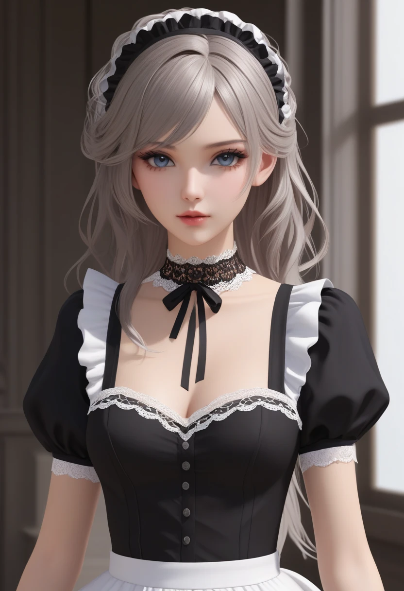 Superb Quality, Masterpiece, High Resolution, Best Quality, UHD, Super Detail, Award-Awarded, 16k, (Upper Body), A Beautiful Maiden, Gray Hair, Hair, ((Heterochromia)), Hanging Corners, Fair Skin, (Small Breasts), (Slim Figure), ((Sweater Dress)), (Ribbon Collar), (Short gloves as short as half a palm)
