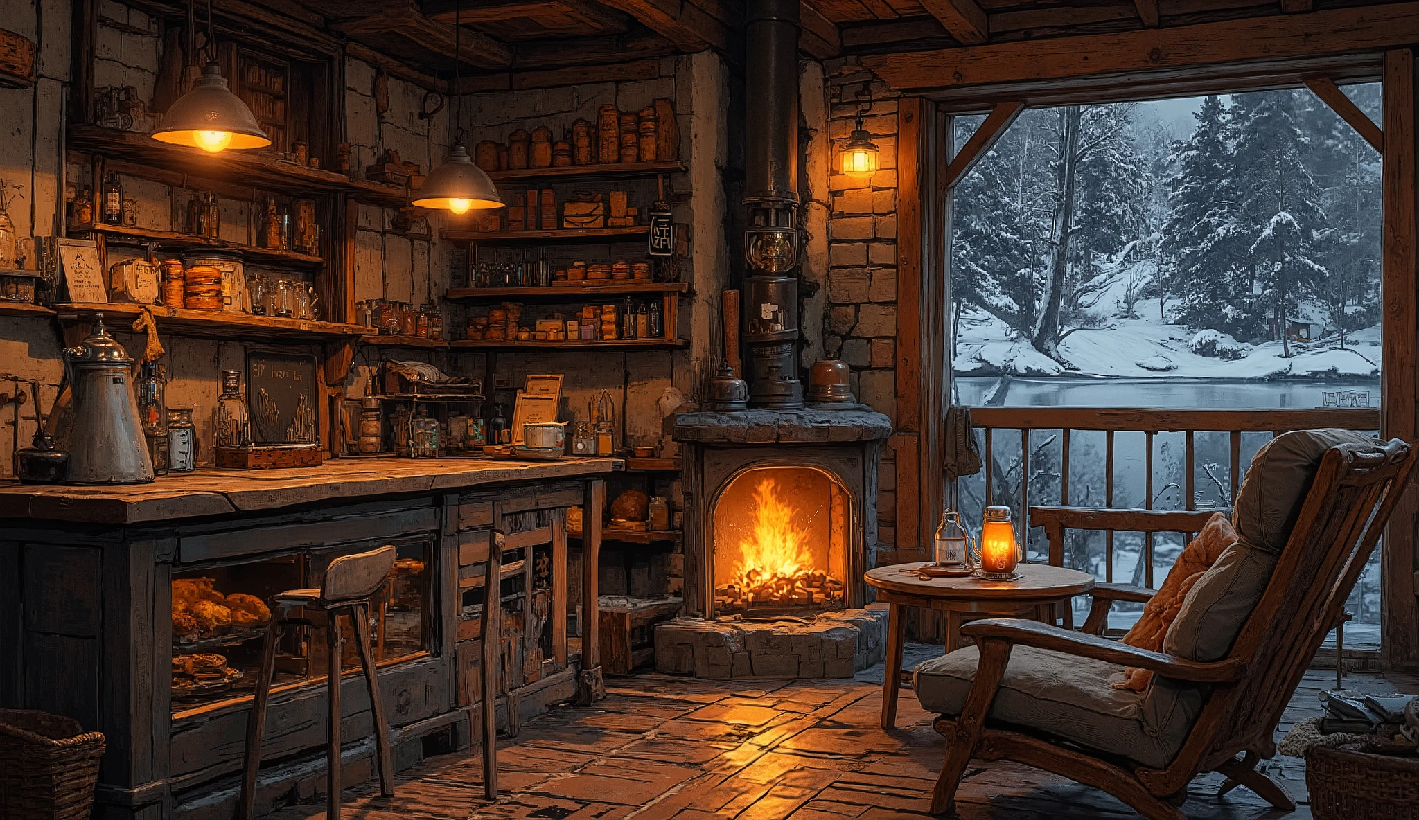 Cozy cabin with fireplace ,g sinhThe scene depicts a Cozy cabin with fireplacequán cà phê mộc mạc, overlooking a beautiful lake .
The interior has a wooden counter , on which a shiny metal coffee pot shines warm gold , symbolism of the art coffee floor and welcome . Under the counter , a glass display cabinet showcases fresh bread and pastries , man who fits the suit perfectly .
Beautiful rustic details, a stone fireplace that fits snugly against a small brick wall and rough wood adds a little extra special to the space.
Comfortable design wooden chairs arranged along the counter , ideal for a relaxing holiday . Back , a wooden shelf filled with bread and rustic bread brings order and touches , while a blackboard with the inscription "cafe" displays the prices of products attractively .
Ở bên ngoài Là khung cảnh đêm tối được bao phủ bởi một lớp snow , creating a warm earth yellow contrast with the warmth of the interior .
A wooden armchair with soft cushions arranged around a rustic coffee table , with a harmonious layout : a bottle reused as a vase, a cup of steamed coffee and a scented candle radiating accessories . Next to the characteristic gray color , a small sedge basket containing books and decorations , the counter enriches the atmosphere .
The surrounding landscape is to enjoy the dark winter night sky , Earthy yellow light qlimited, warmth reflected on the small lake water . perfect for contemplation and meditation .Instagram viral cave living room with fireplace, coffees, Foods , cozy balcony. snow
.