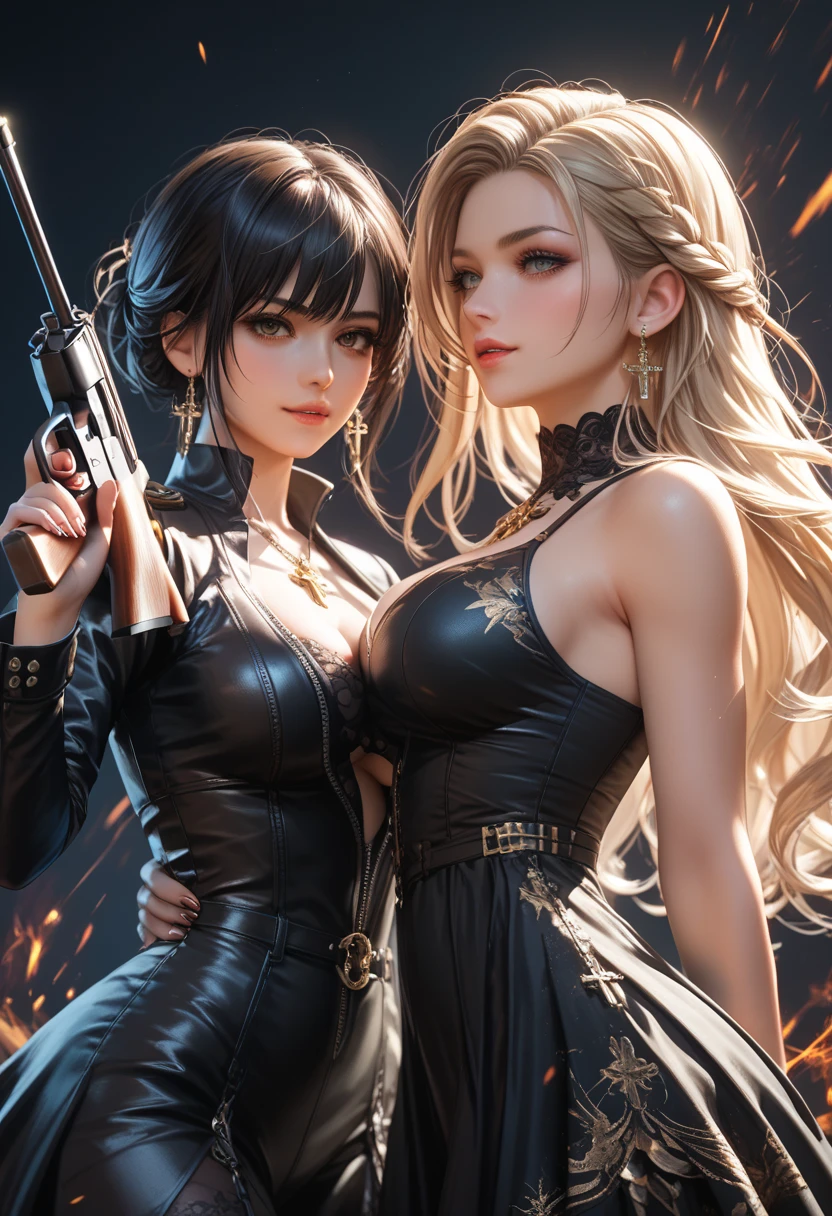 High Quality ultra realistic image of a woman. The woman is a mixture of native american and jewish. Strong features, fair skin. Dark brown curly hair, dark eyes. The woman is dressed in semi-futuristic combat attire. She has guns and knives strapped around her body. The beautiful woman has a smirk. Her eyes glare with hate.