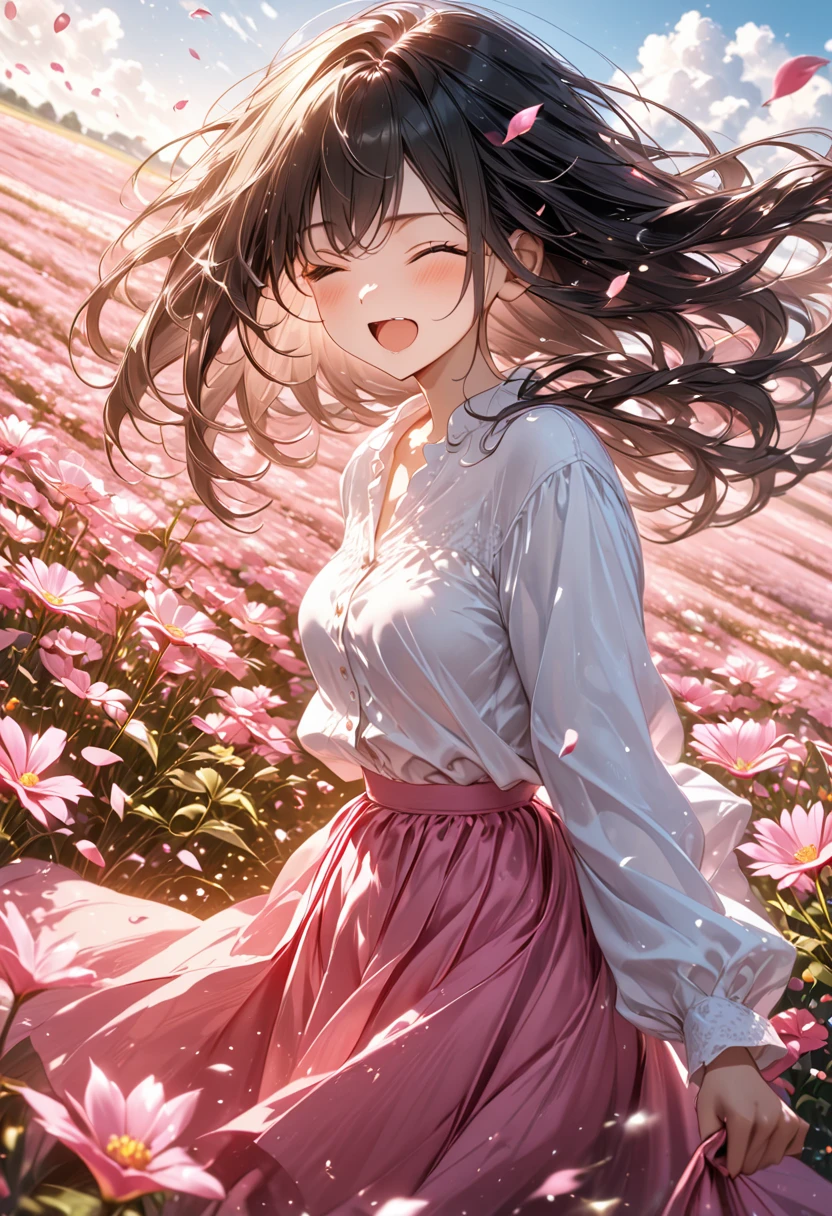 The girl laughs happily, the petals fly, the breeze, and the big eyes are good-looking