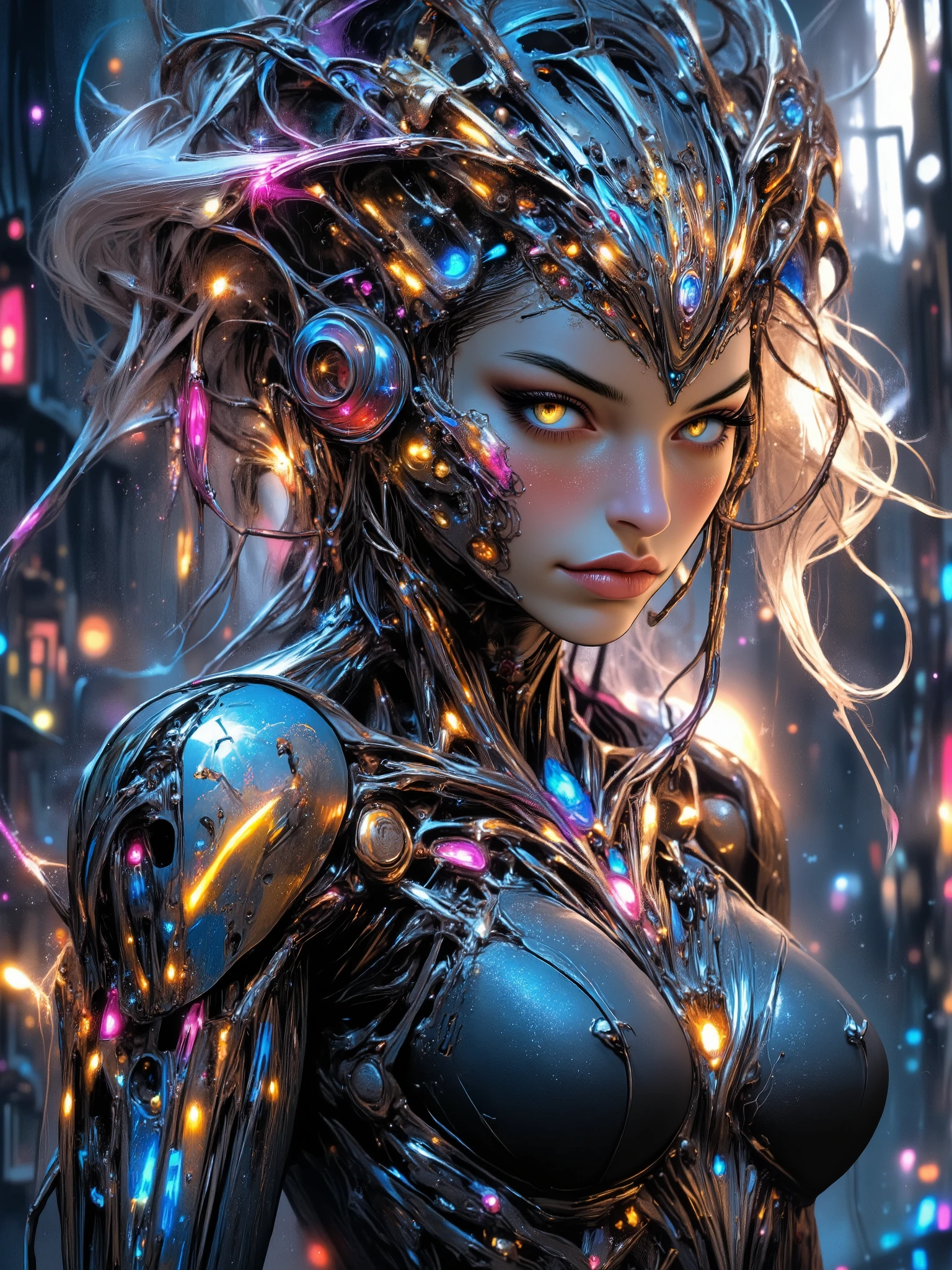 Anime biomechanical woman, ethereal cyberpunk fantasy, metallic wings, glowing runes, pastel colors, silver hair, luminous golden eyes, dreamy forest, soft mist, intricate details, soft lighting, highly detailed, fantasy sci-fi.