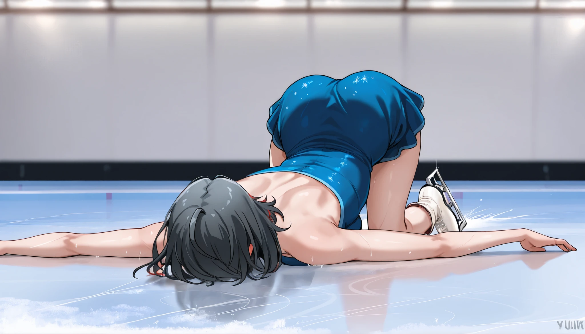 A woman are ice skating, Indoor skating rink, my skirt is fluttering, blue mini dress, solo, masterpiece, high resolution, best quality, yukinoshita haruno, fall, fallen, fall down, (rear view)